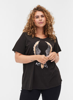 T-shirt en coton avec imprimé, Black ACID WASH, Model image number 0