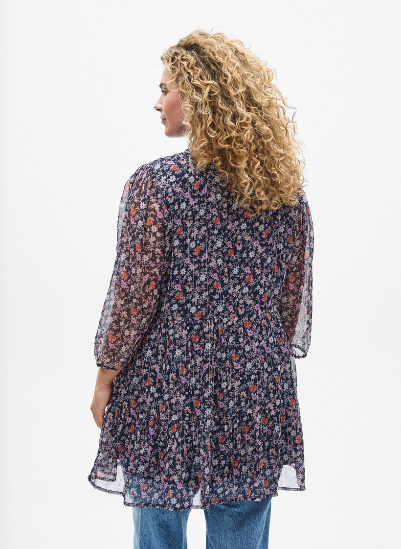 Tunic met bloemenprint en glitterdraden, Blauw, Model image number 2