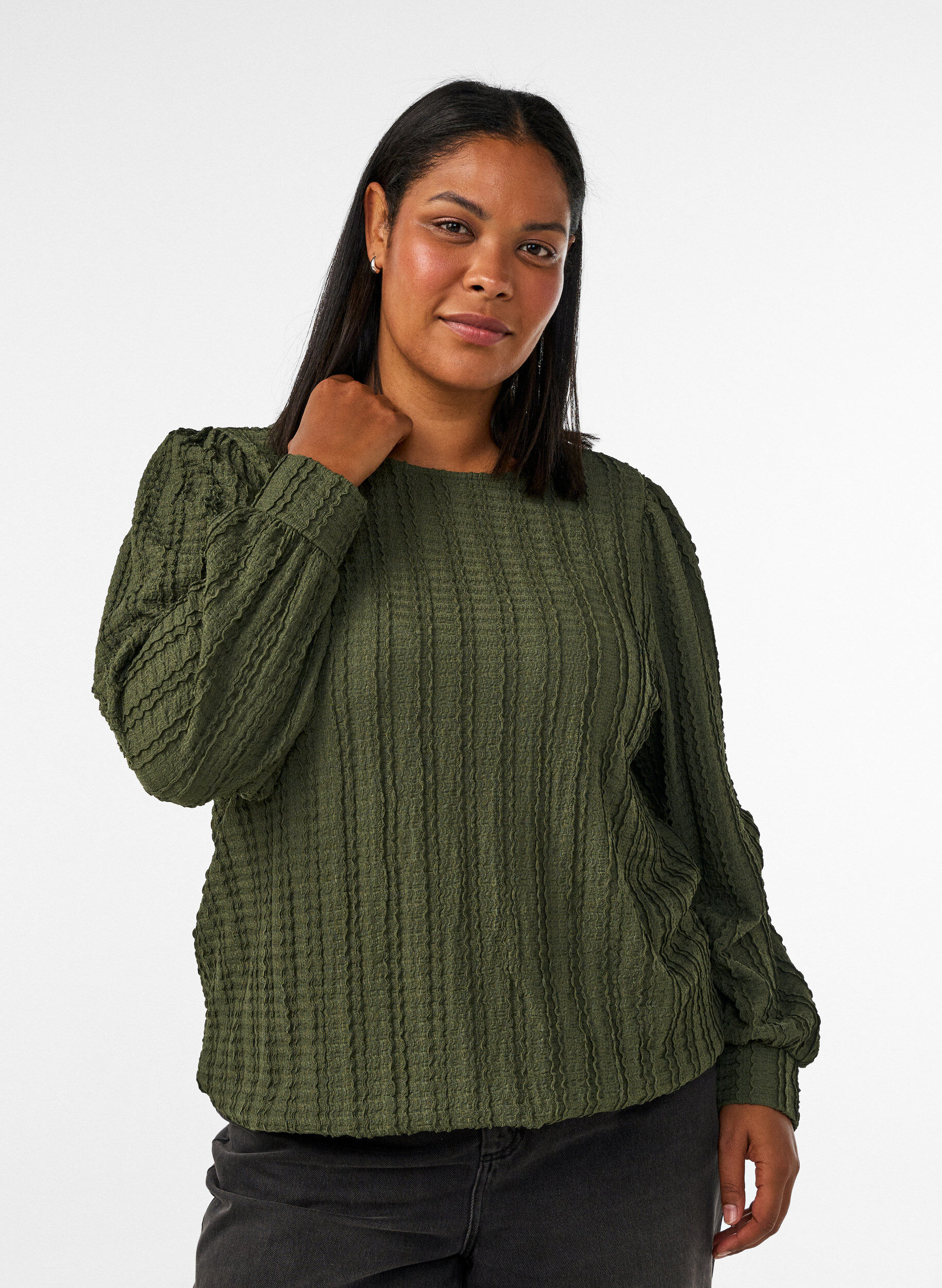 ZizziJersey blouse met structuur en ballonsilhouet, Groen, Model image number 0