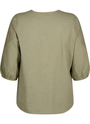 Chemisier en mélange de coton et de lin orné de détails en crochet., Deep Lichen Green, Packshot image number 1