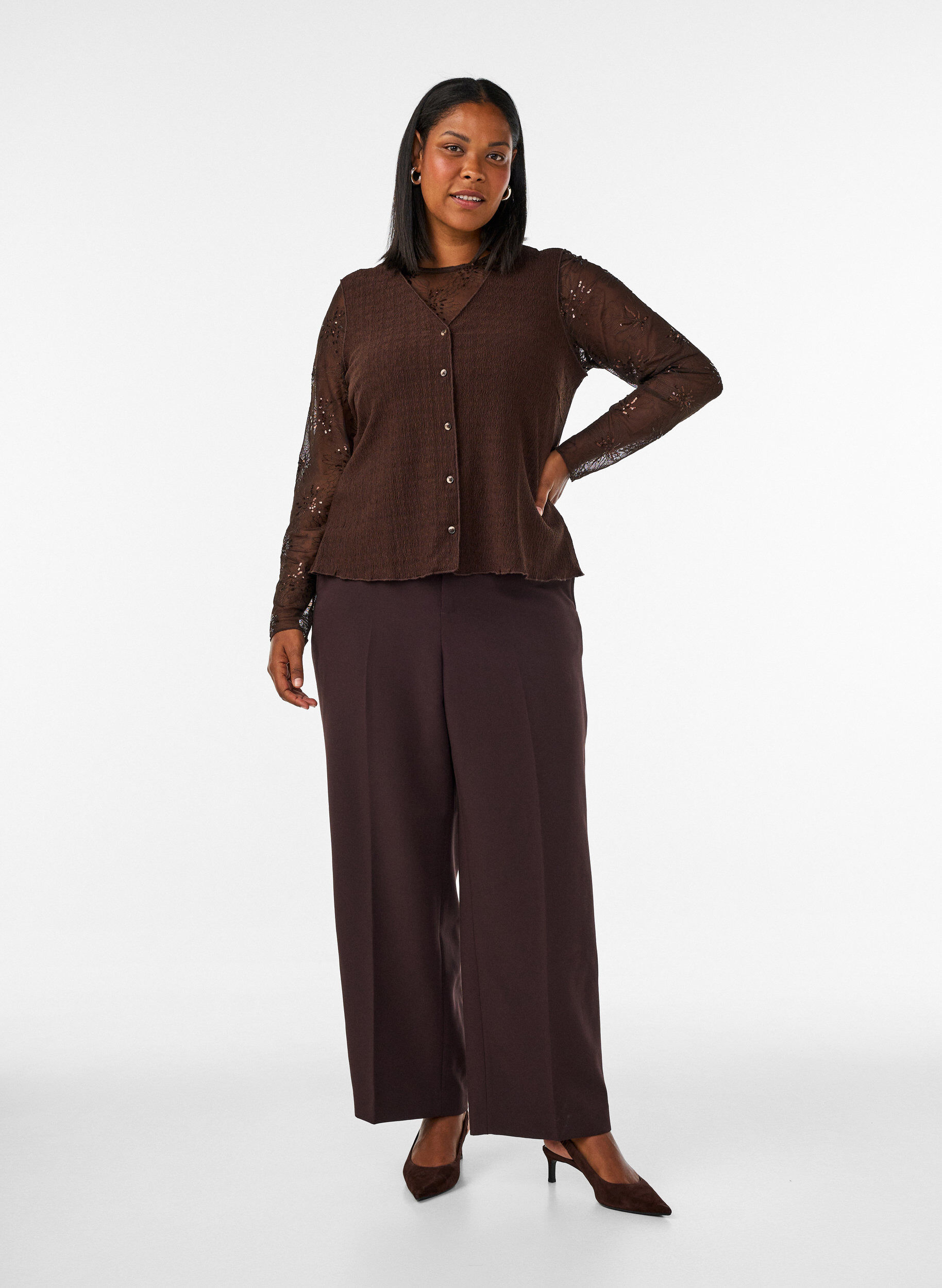 ZizziBlouse en mesh avec fleurs et sequins, Marron, Model image number 1