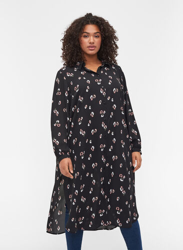 Robe chemise imprimée avec fente, Black w. Flower, Model image number 0