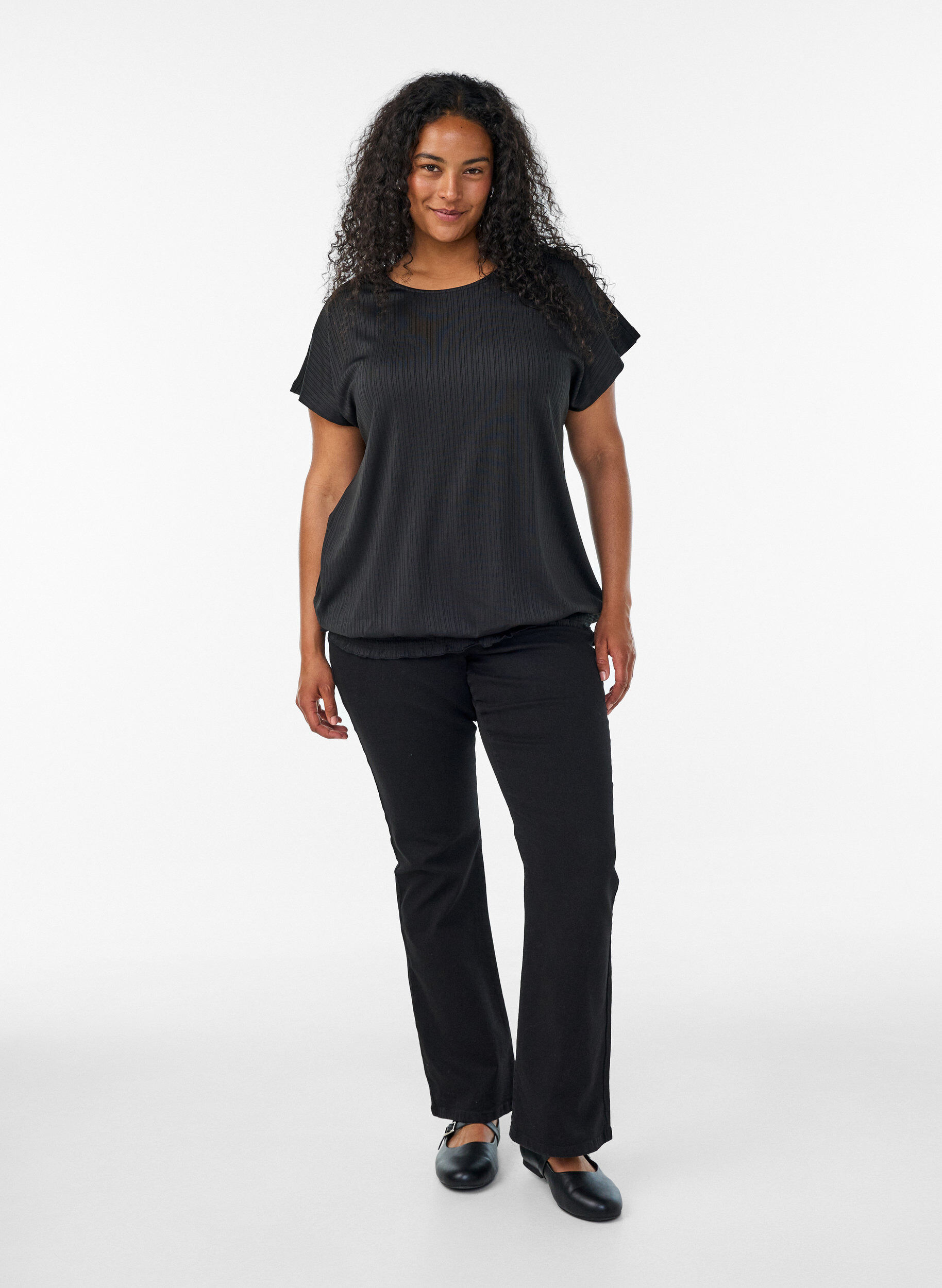 ZizziJersey blouse met gestructureerde strepen en een gesmokte zoom, Zwart, Model image number 1