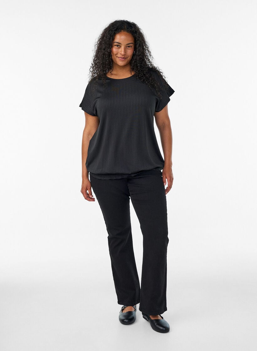 Jersey blouse met gestructureerde strepen en een gesmokte zoom, Zwart, Model image number 1