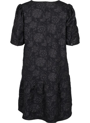 Robe à manches courtes avec col en V et structure florale, Black, Packshot image number 1