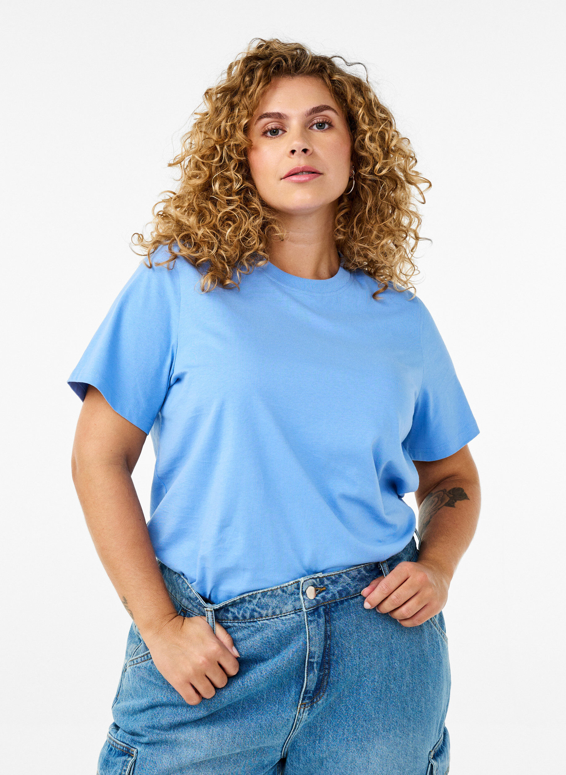 ZizziBasic katoenen T-shirt met ronde hals, Blauw, Model image number 0