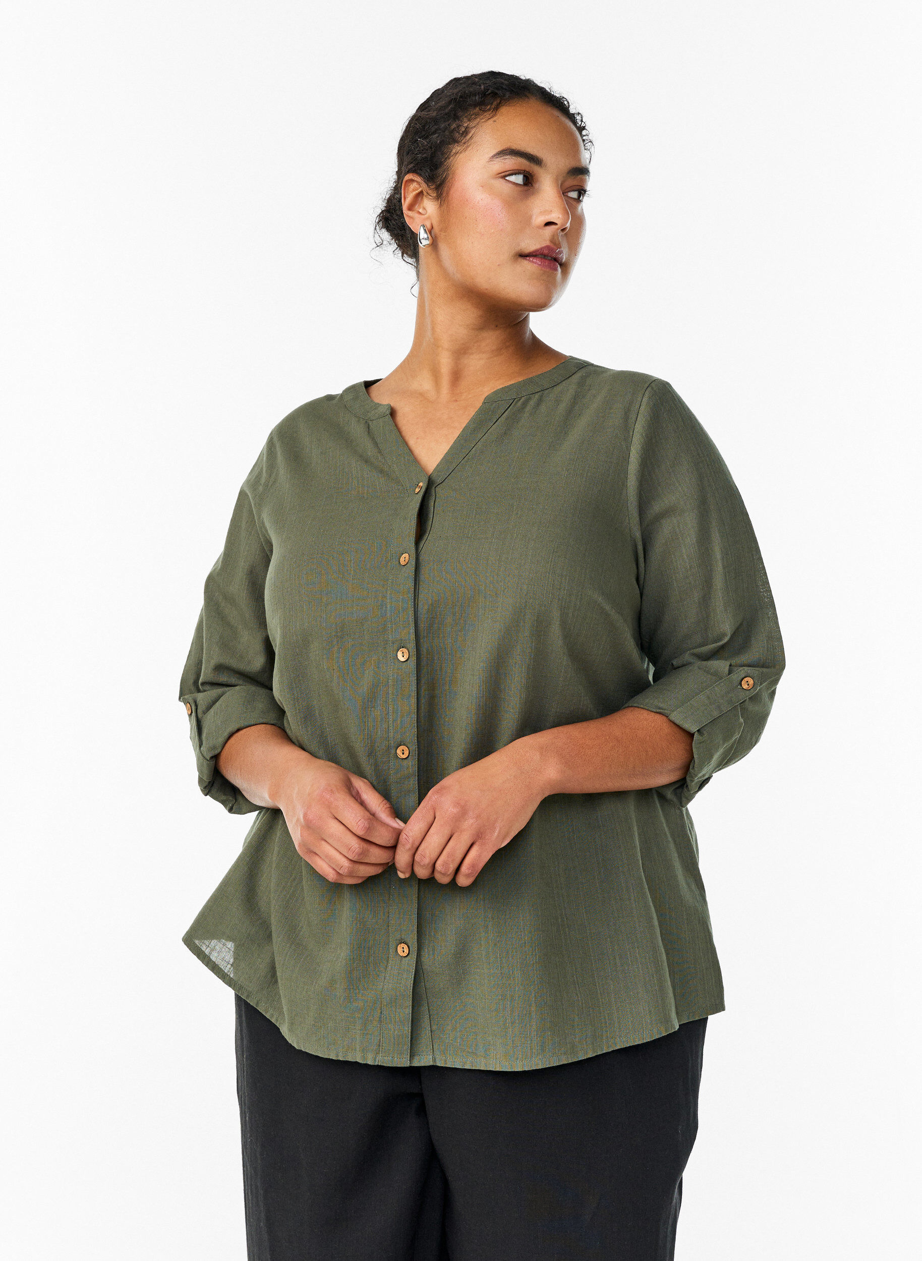 ZizziKatoenen blouse met V-hals, Groen, Model image number 0