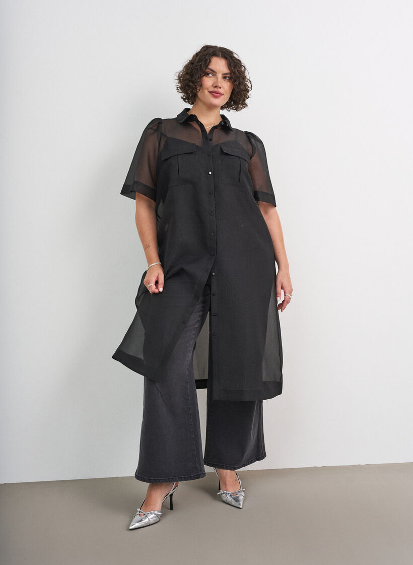Robe en organza avec poches poitrine et manches bouffantes, Noir, Model image number 0
