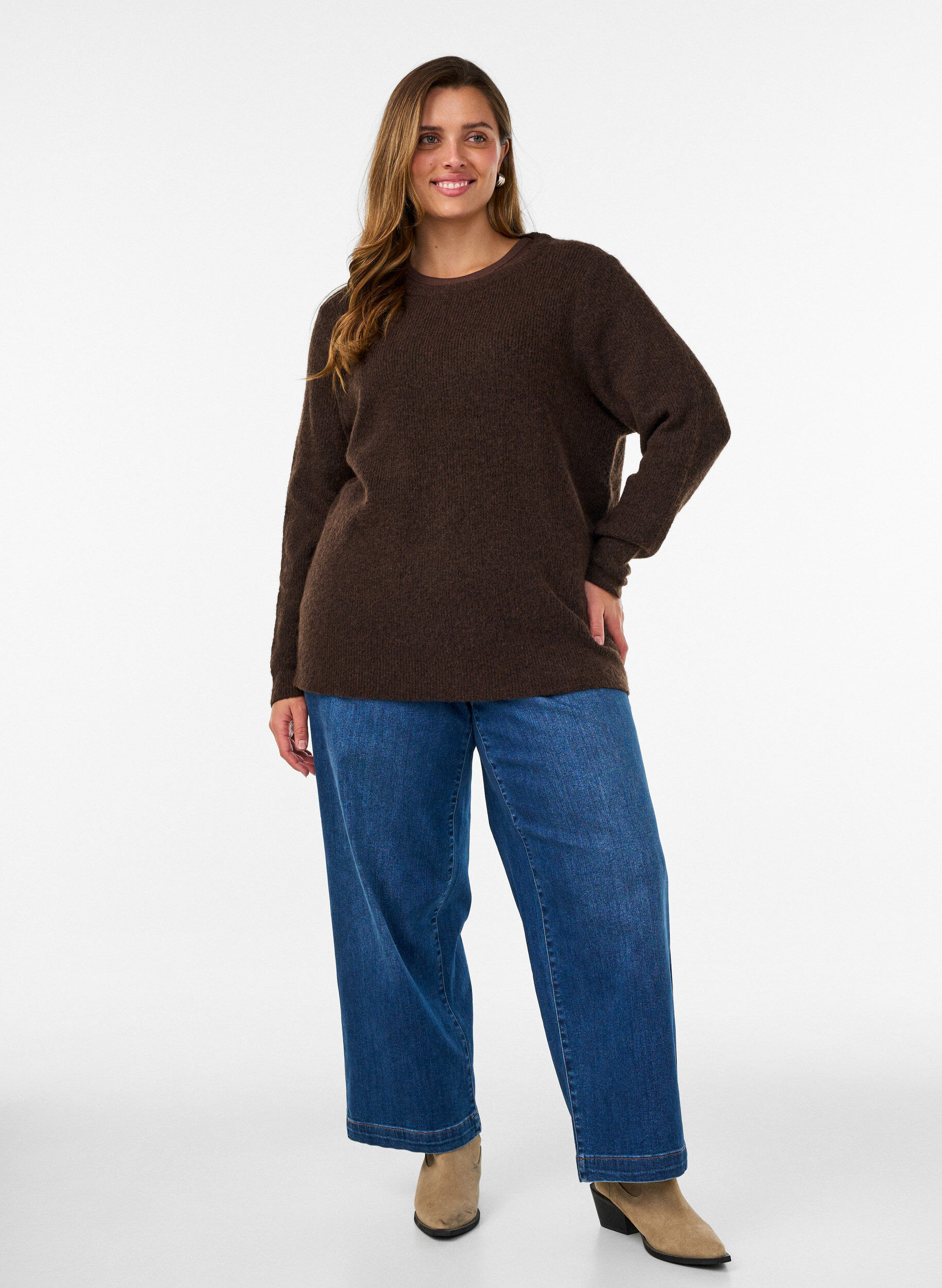 ZizziGem&ecirc;leerde gebreide blouse met ronde hals, Bruin, Model image number 1