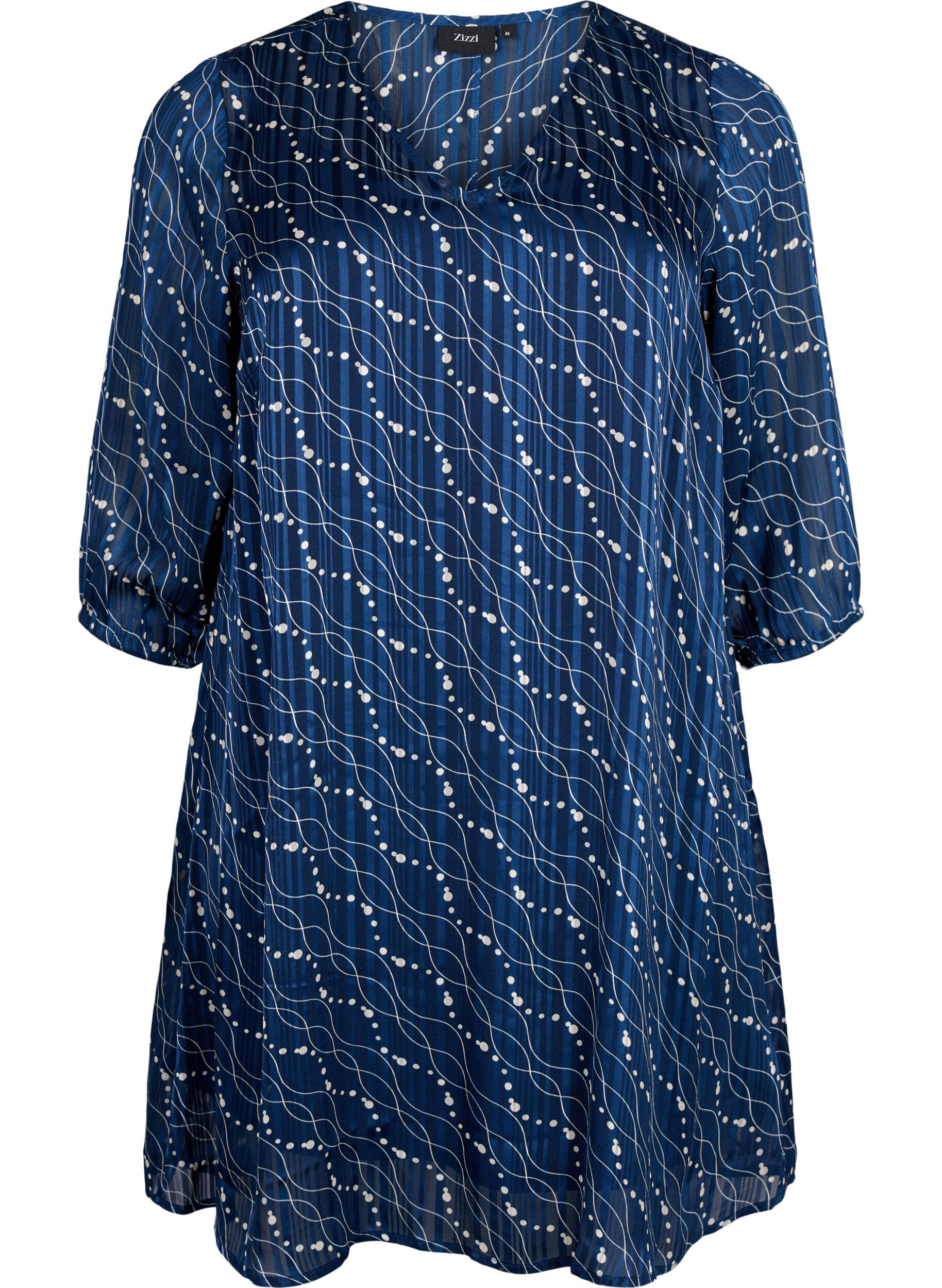Zizzi Robe imprim&eacute;e avec col en V et manches 3/4, Dress Bl. Swirl AOP, Packshot image number 0