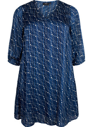 Robe imprimée avec col en V et manches 3/4, Dress Bl. Swirl AOP, Packshot image number 0