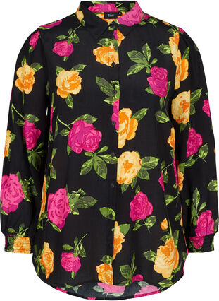 Gebloemde blouse van viscose met smokwerk, Black Flower AOP, Packshot image number 0