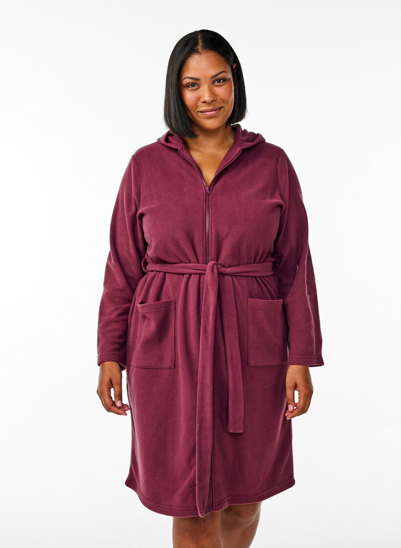 Ochtendjas met rits en capuchon, Donker Bordeaux, Model image number 0
