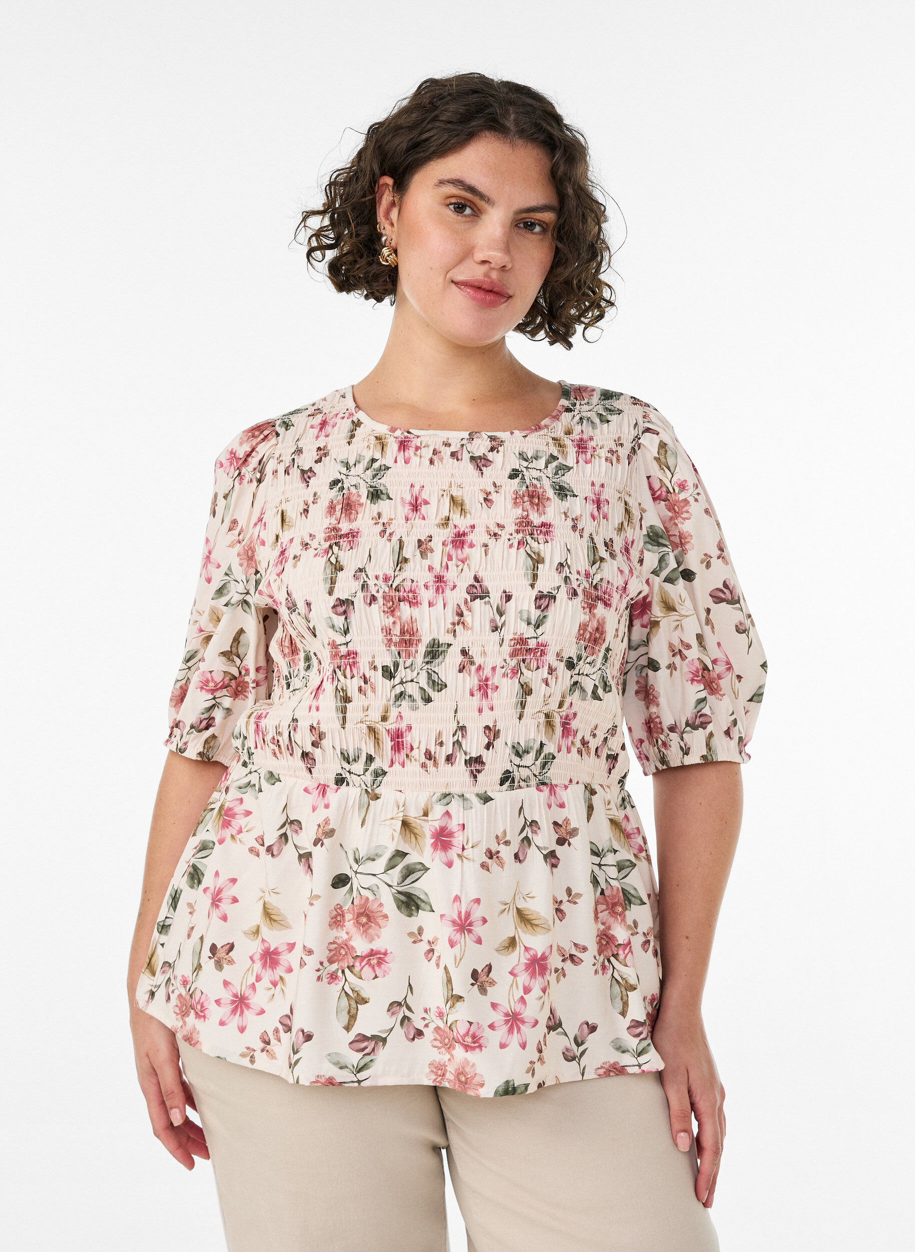 ZizziBlouse en viscose avec smocks et effet p&eacute;plum, Vanille, Model image number 0