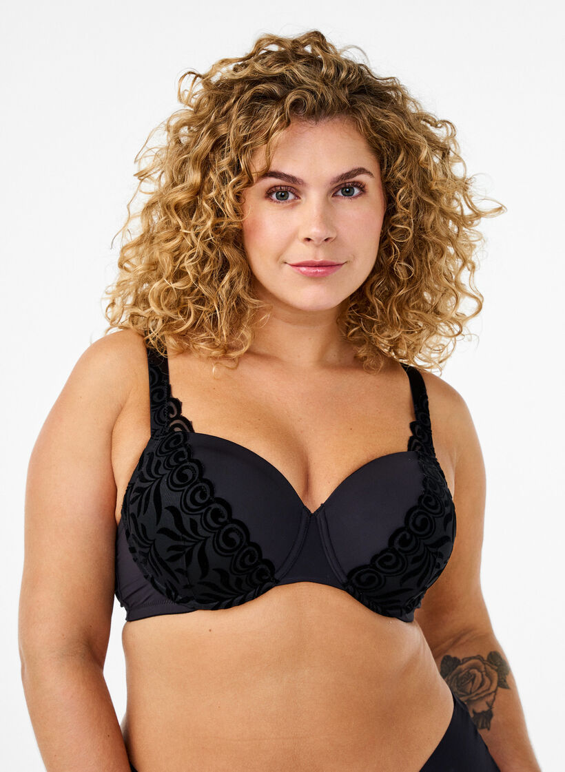 Soutien-gorge moulé avec motif en velours, Noir, Model image number 0