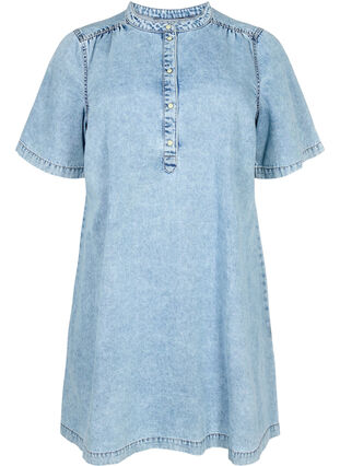 Denim jurk met korte mouwen en een A-lijnmodel, Blue denim, Packshot image number 0
