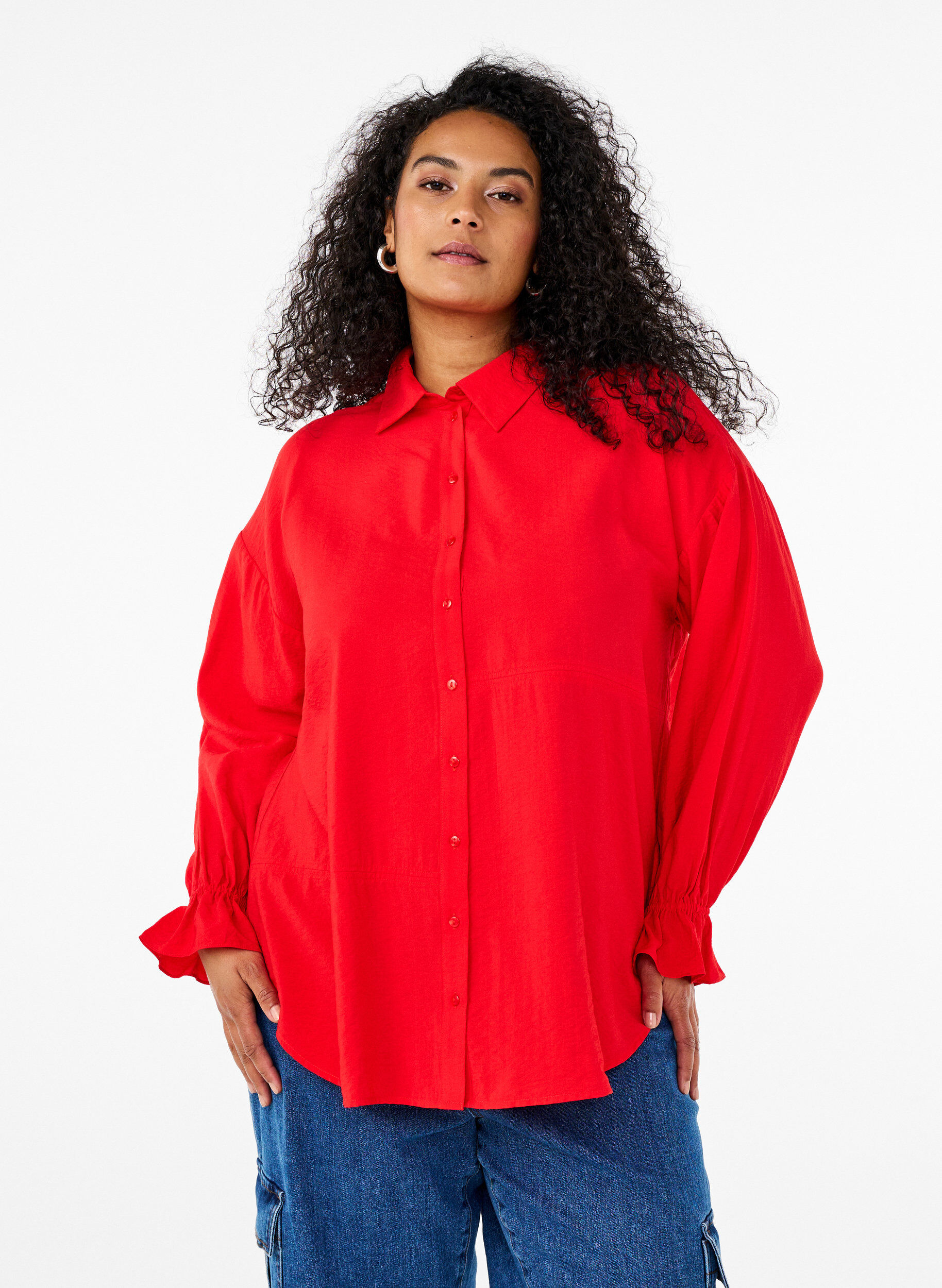ZizziShirt met lange mouwen en ruchesdetails, Rood, Model image number 0