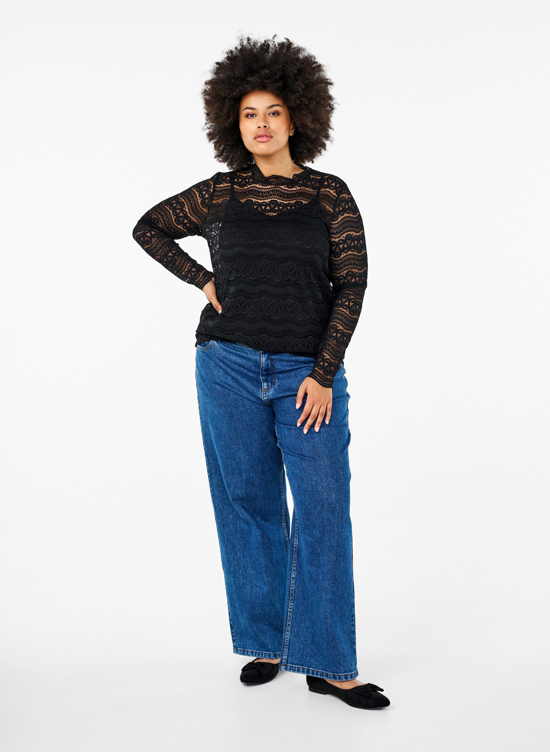 ZizziKanten blouse met lange mouwen, Black, Model image number 2