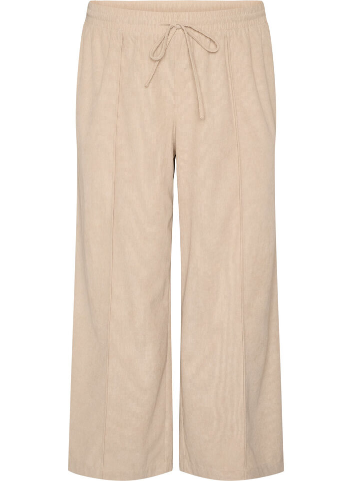 Pantalon en velours c&ocirc;tel&eacute; &agrave; coupe ample et taille haute, Beige, Packshot image number 0