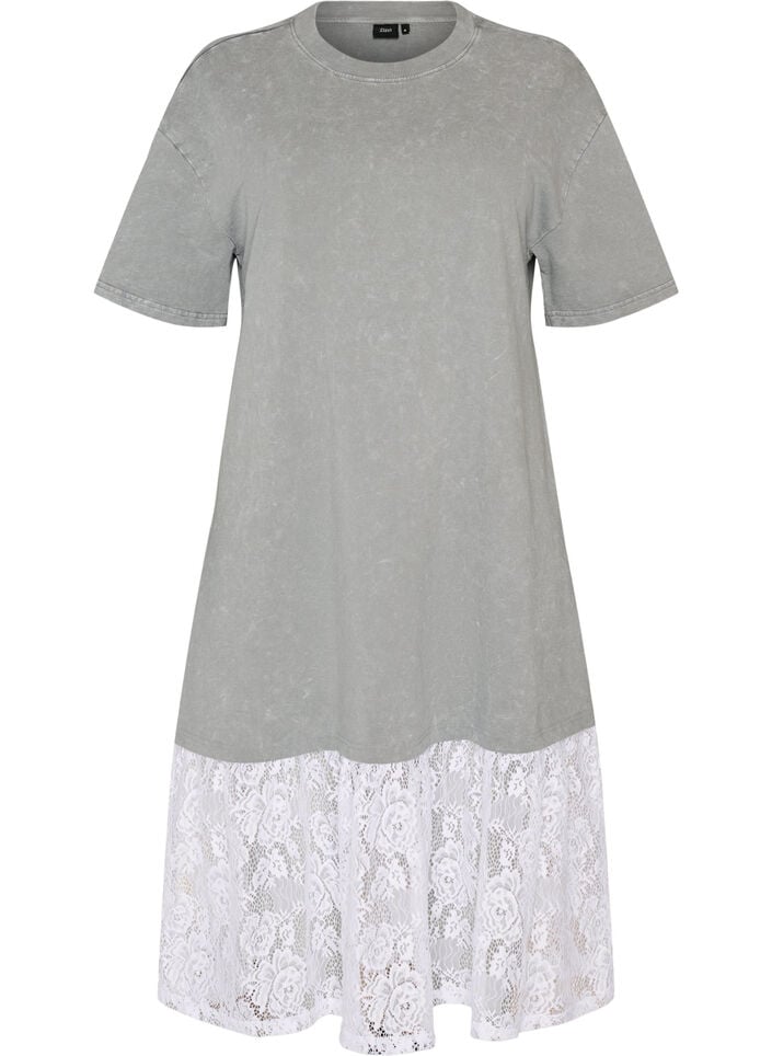 Losse T-shirt jurk met kanten afwerking, Grijs, Packshot image number 0