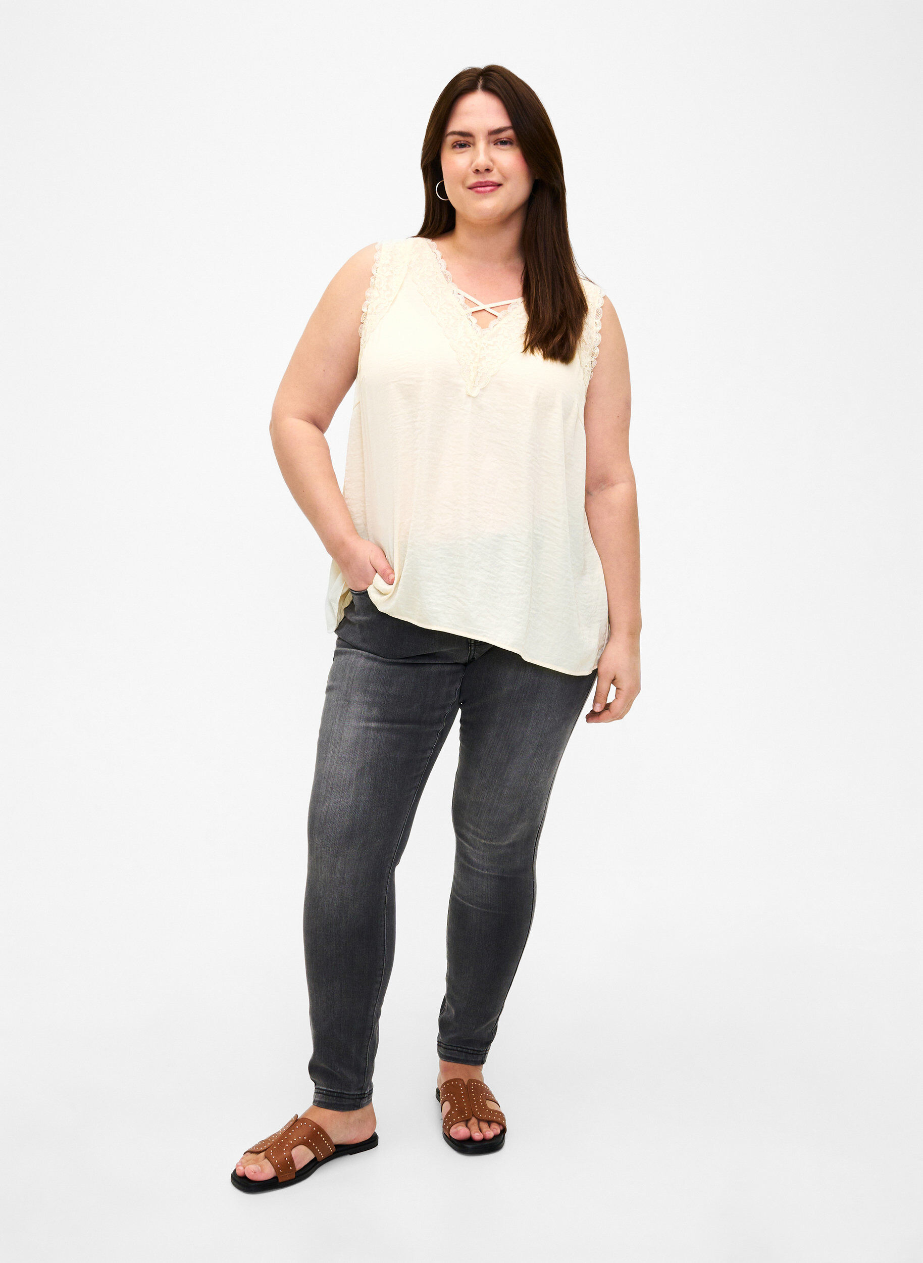 ZizziTop met kant en gekruist accent, White Smoke, Model image number 2