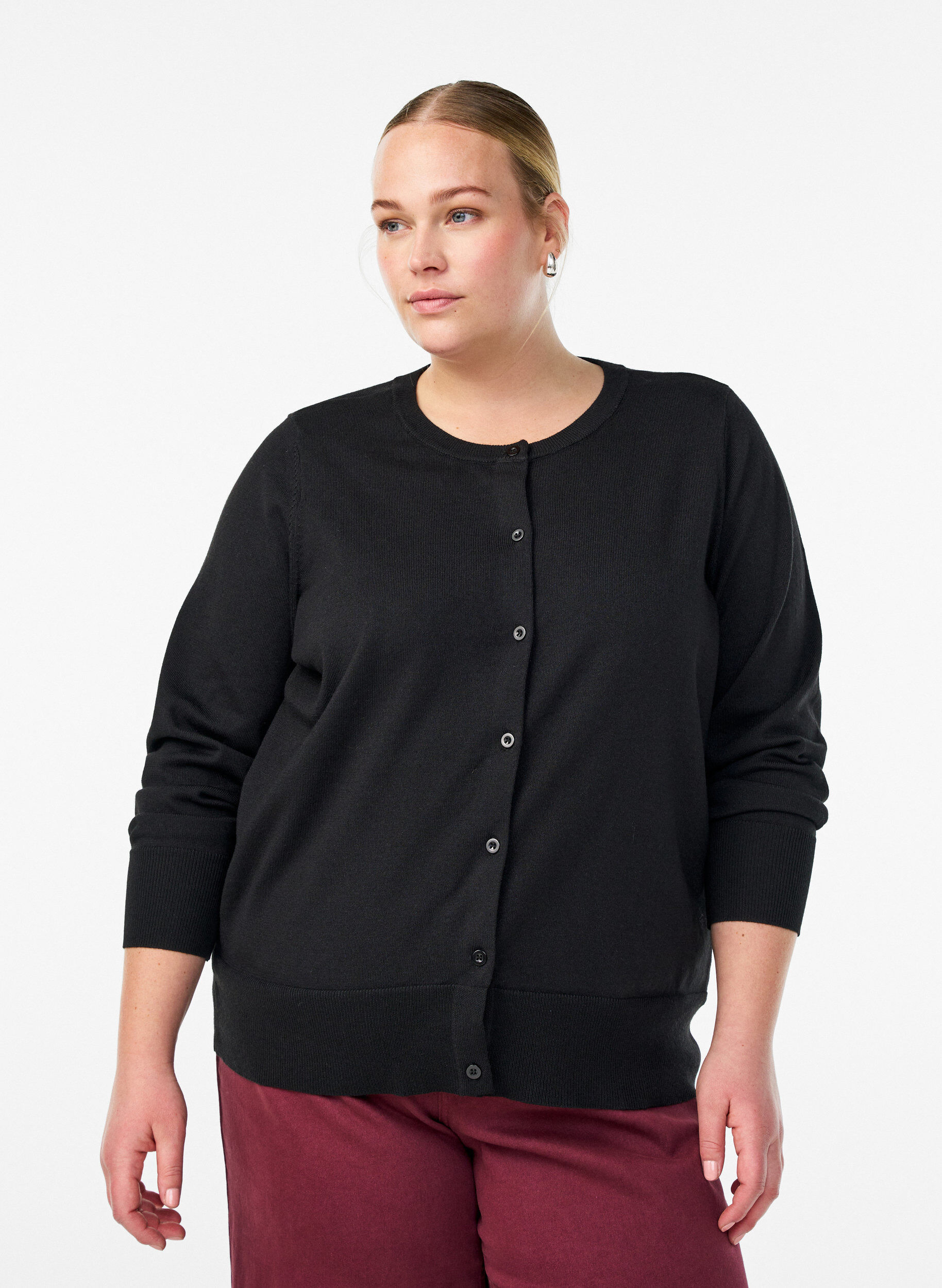 Zizzi Cardigan en maille fine avec col rond, Noir, Model image number 0