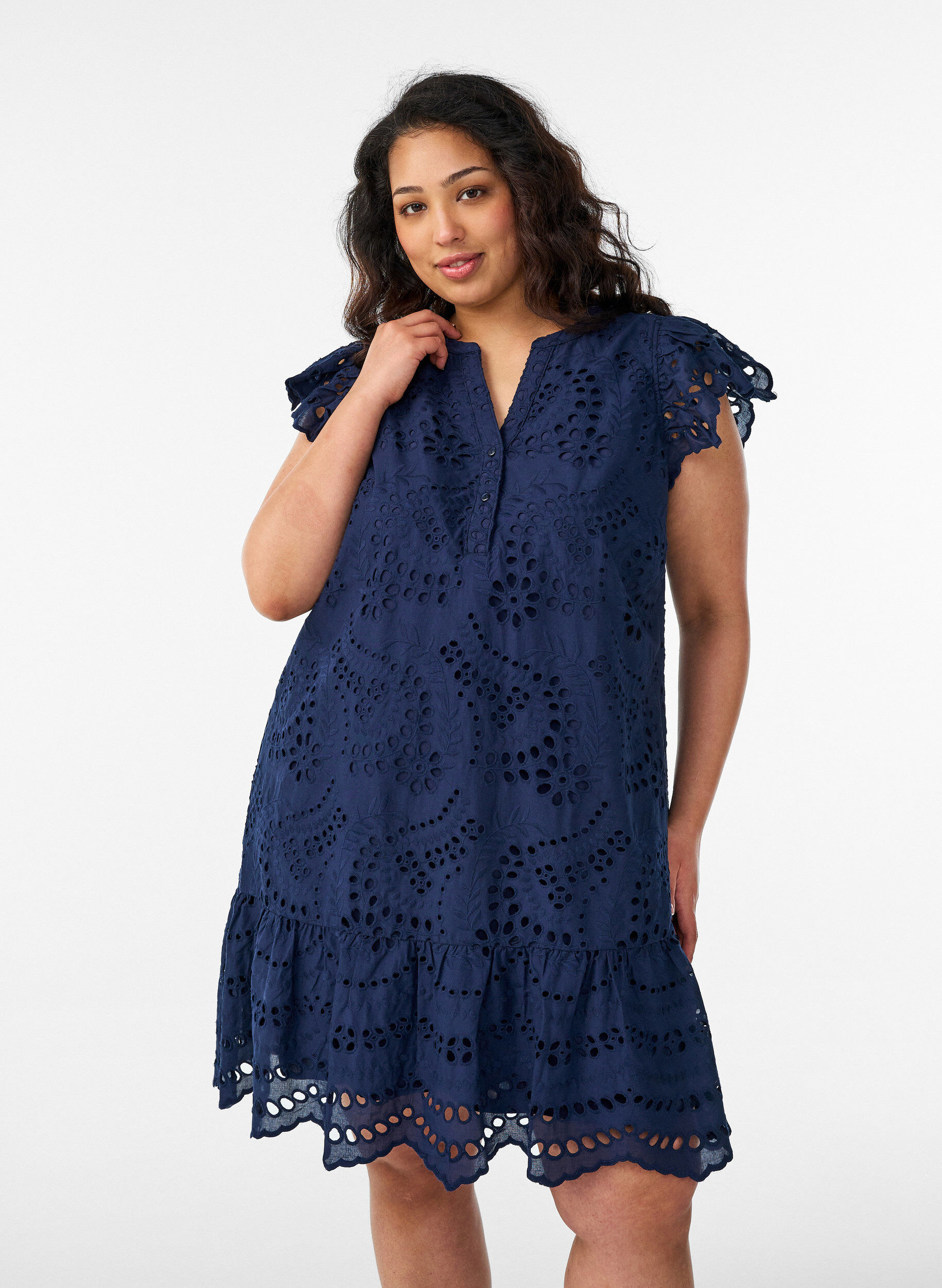 ZizziBroderie anglaise jurk met ruches mouwen, Blauw, Model image number 0