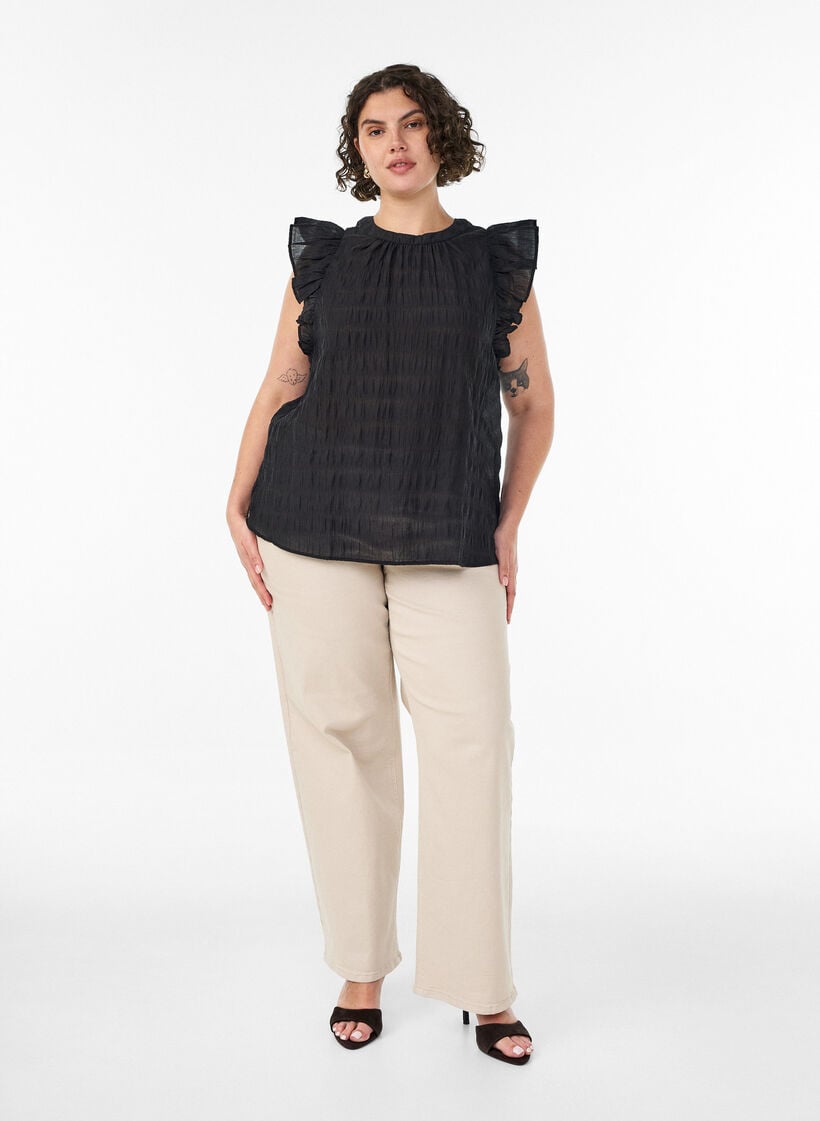 Blouse sans manches textur&eacute;e avec volants, Noir, Model image number 1