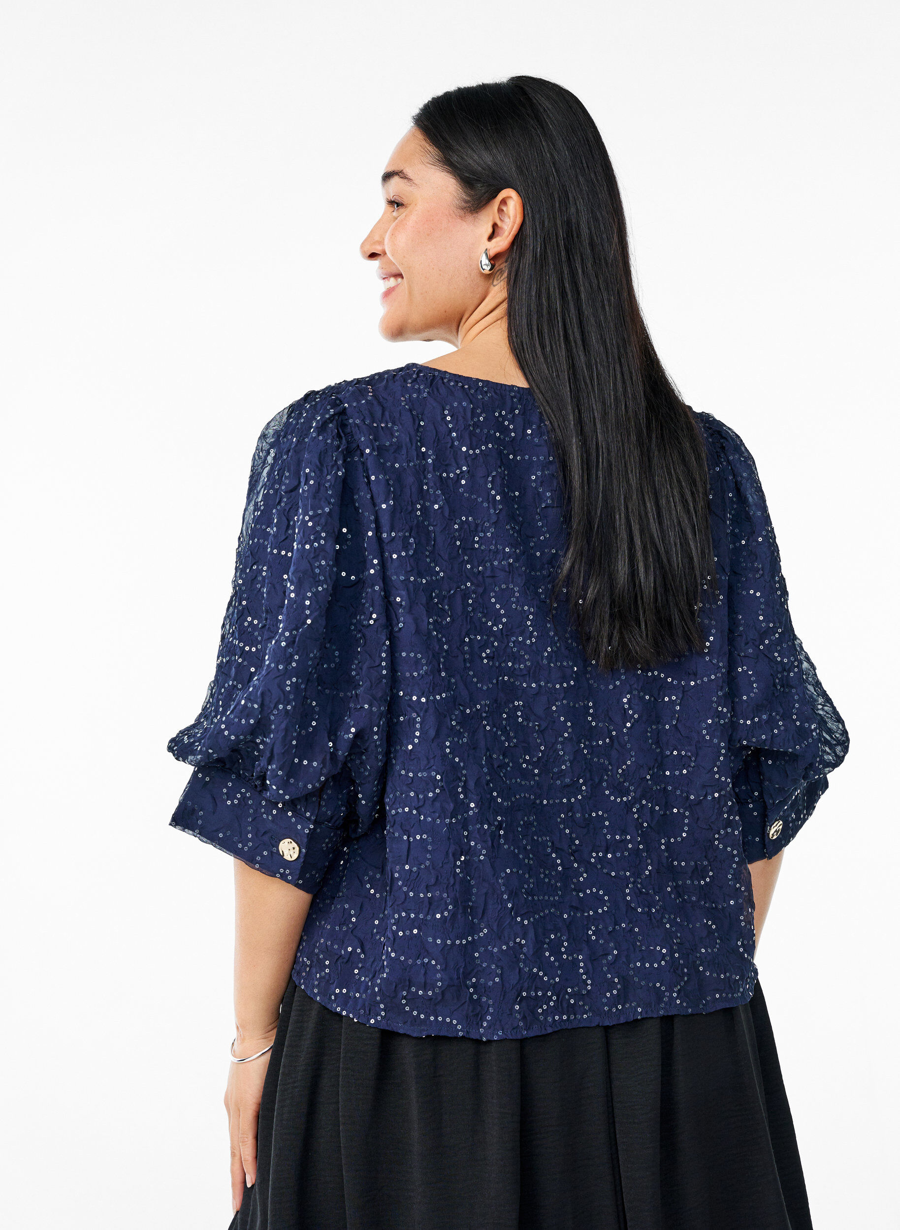 ZizziFeestelijke blouse met pailletten en halflange mouwen, Blauw, Model image number 2
