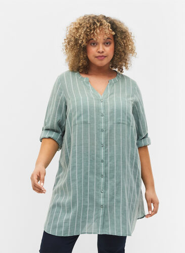 Gestreept v-hals overhemd, Balsam Green Stripe, Model image number 0