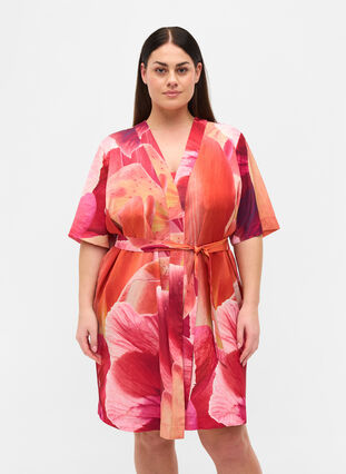 Badjas met print en lange mouwen, Orange Pink AOP, Model image number 0