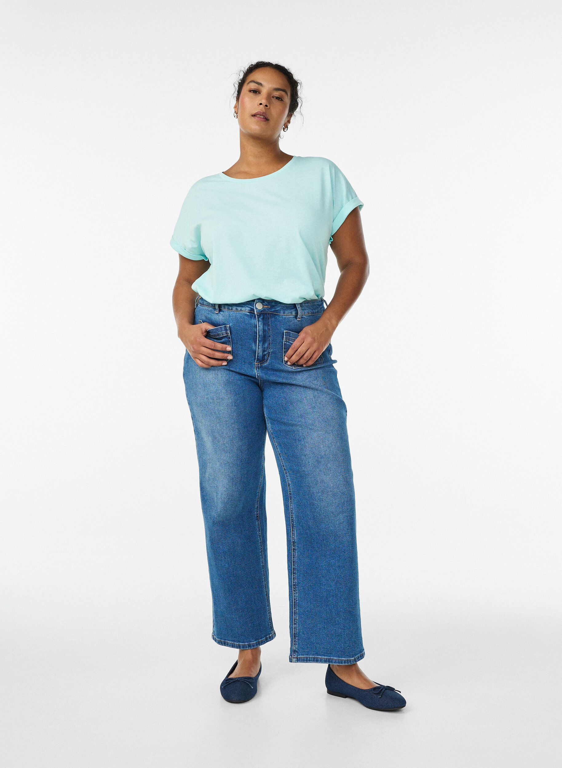 ZizziT-shirt met korte mouwen in een katoenmix, Turquoise, Model image number 1