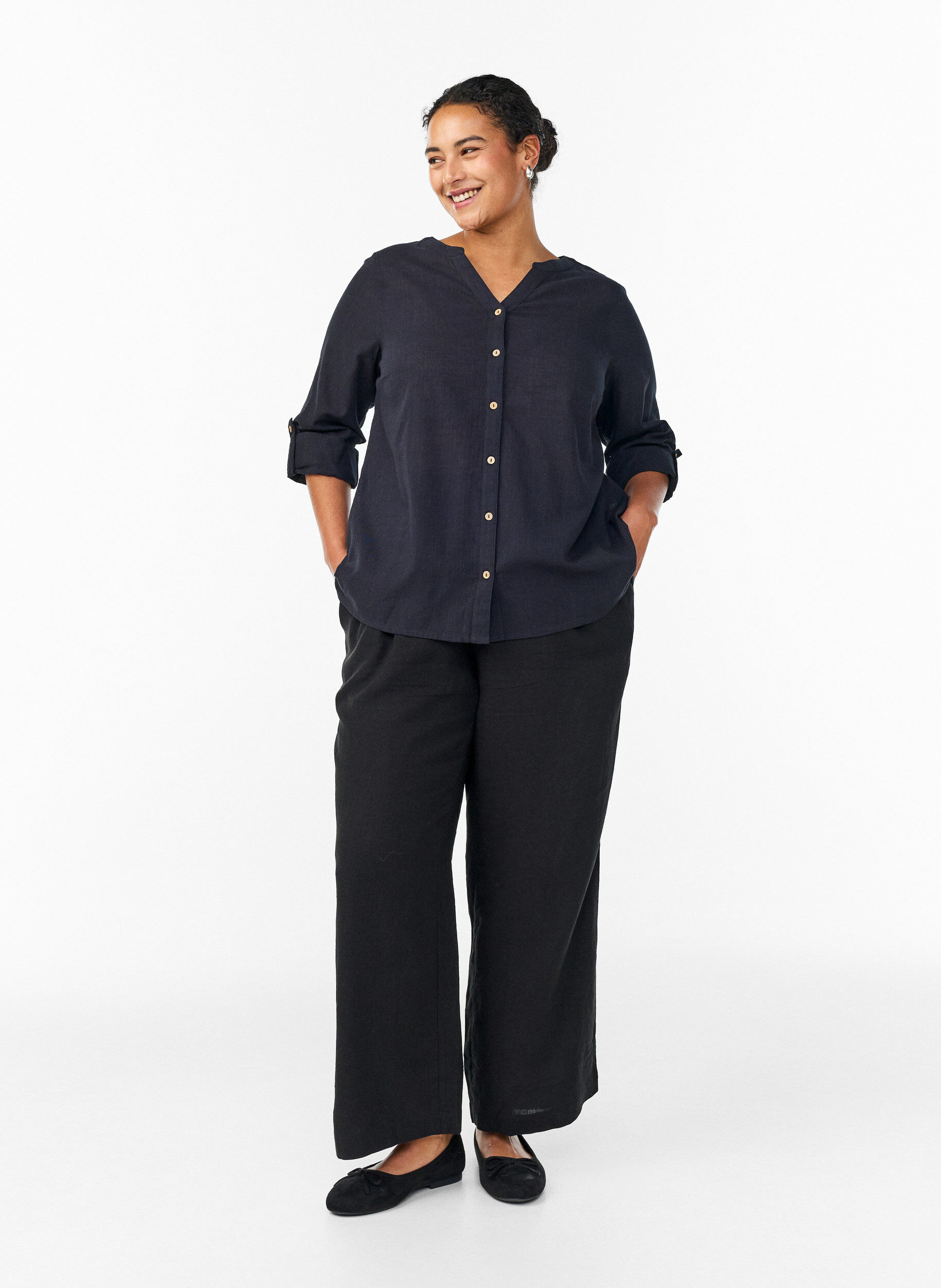 ZizziKatoenen blouse met V-hals, Zwart, Model image number 1