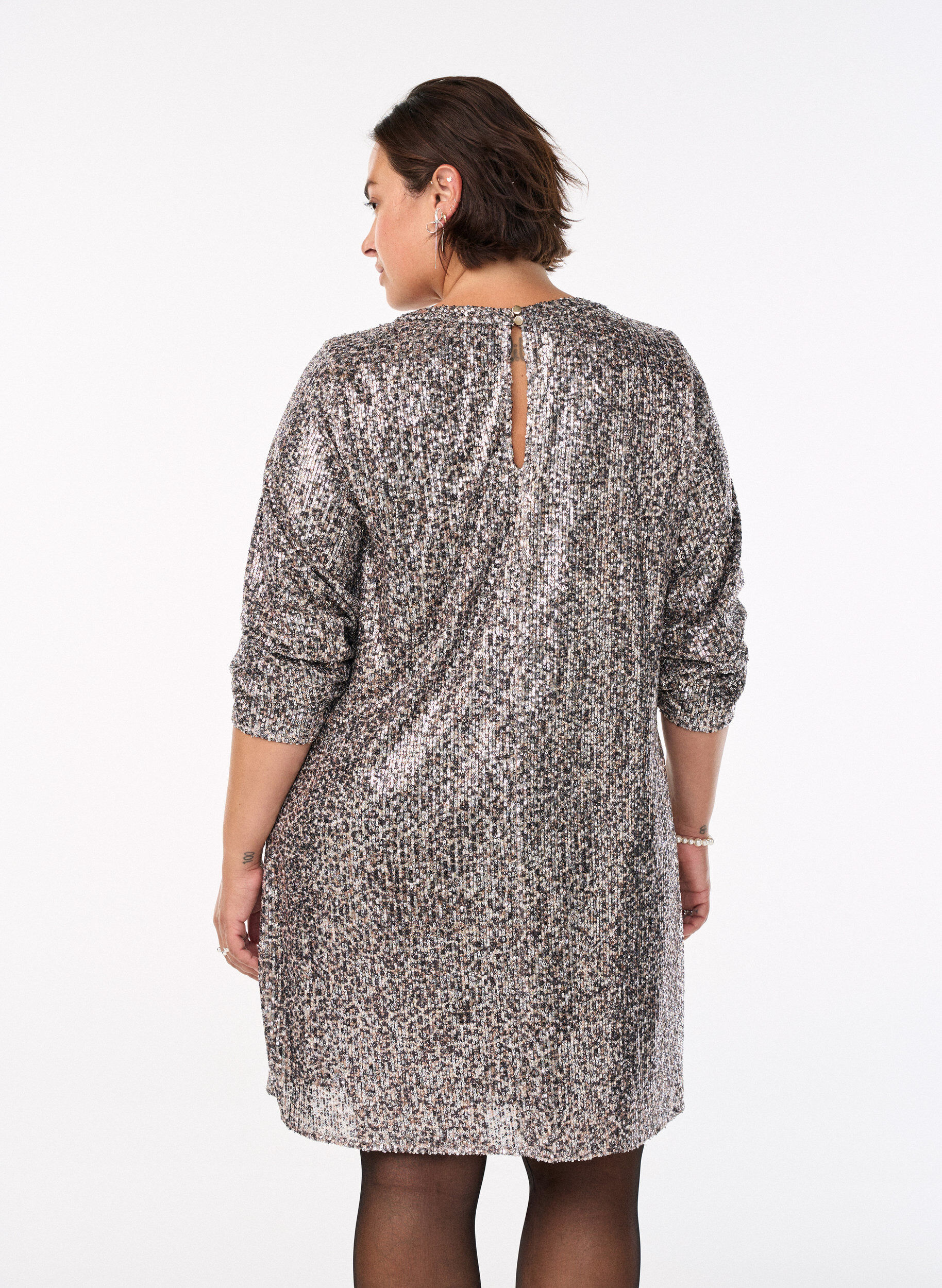 Zizzi Robe courte &agrave; sequins &agrave; manches longues, Marron, Model image number 2