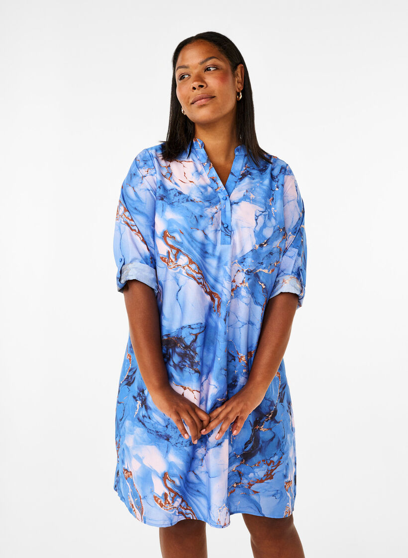 Overhemdjurk van viscose met marmerprint, Palace Blue AOP, Model image number 0
