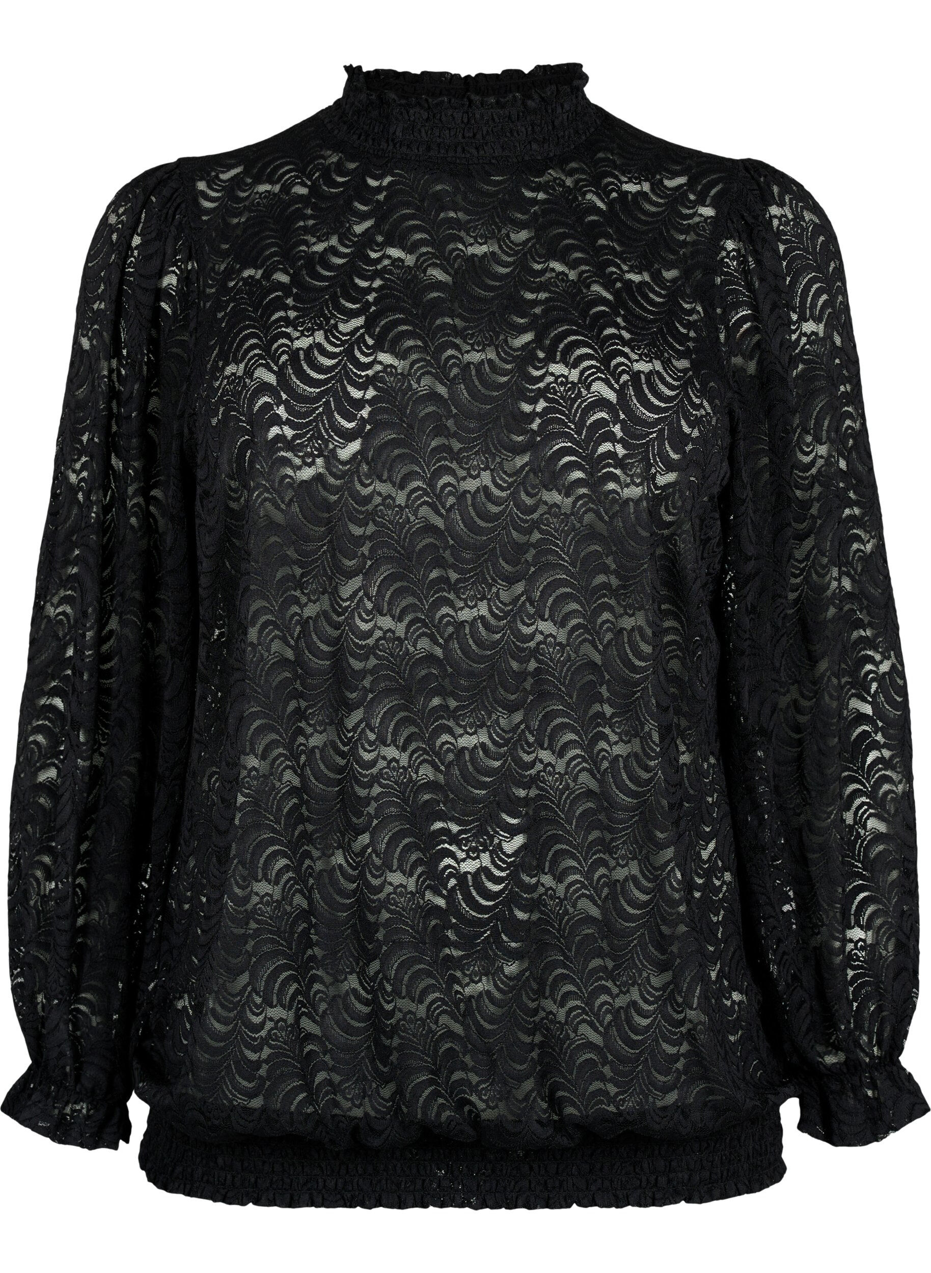 Zizzi Blouse &agrave; manches longues en dentelle avec smocks, Black, Packshot image number 0