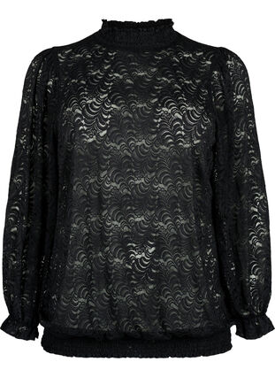 Kanten blouse met lange mouwen en smok, Black, Packshot image number 0