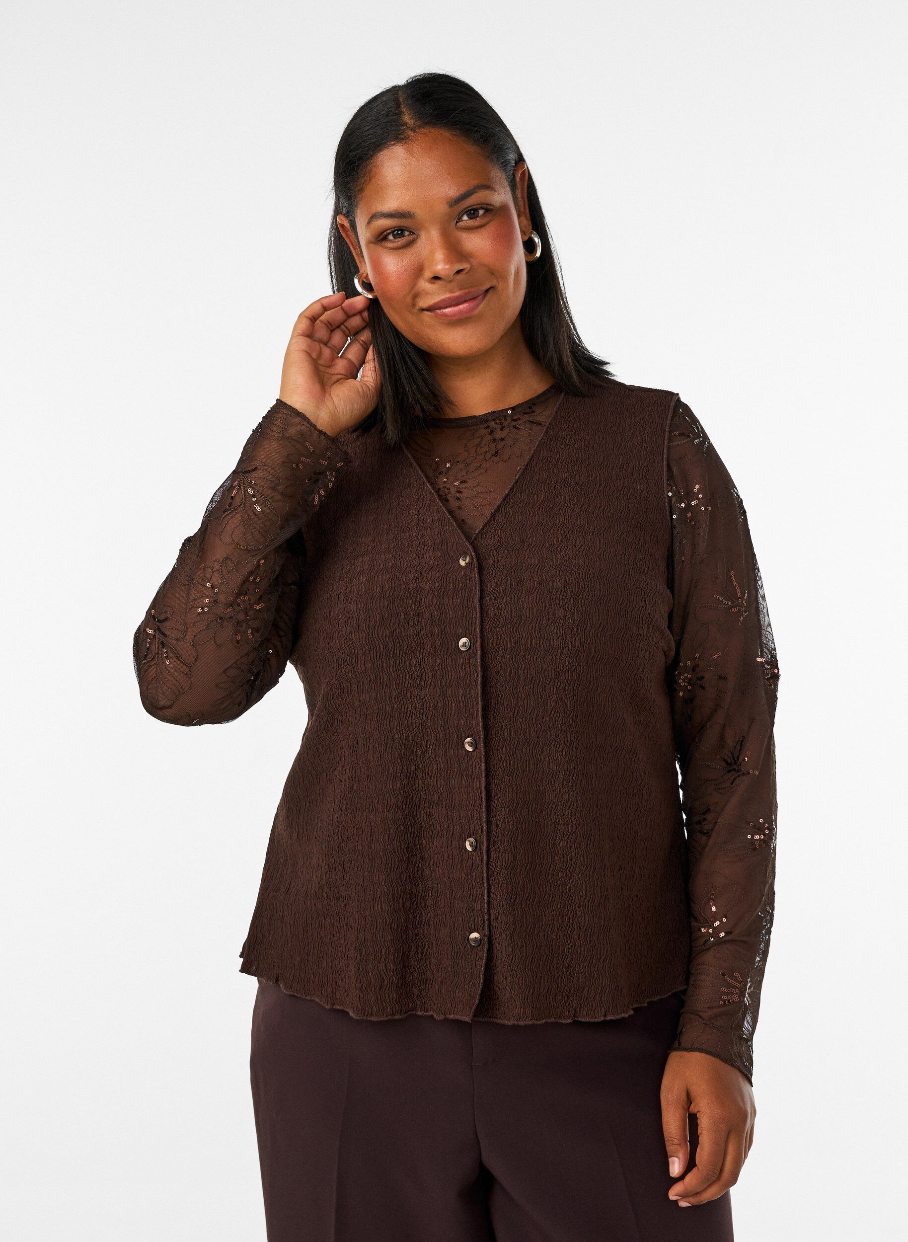 ZizziBlouse en mesh avec fleurs et sequins, Marron, Model image number 0