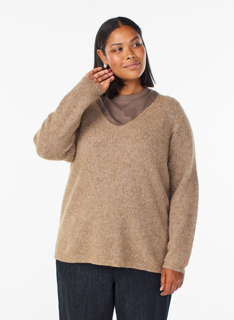 Blouse en maille &agrave; col V et manches raglan, Camel, Model image number 0
