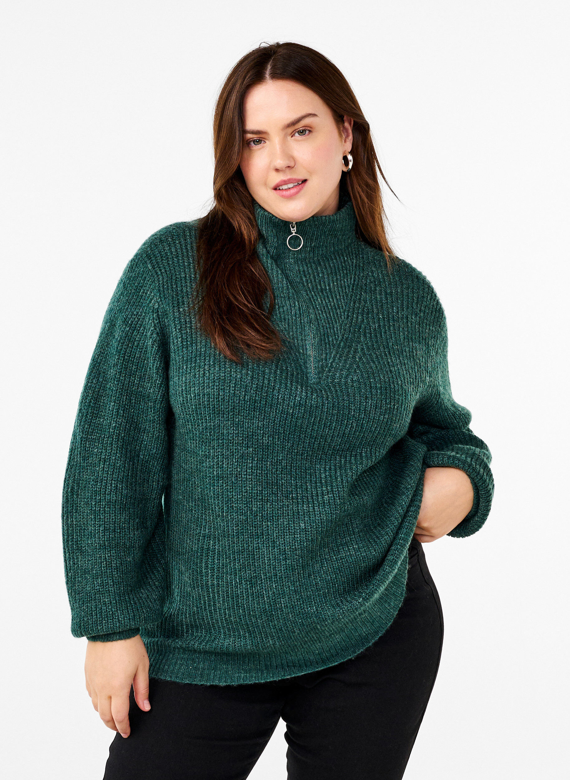 FLASH - Pull en tricot avec col haut et fermeture &eacute;clair, Vert fonc&eacute;, Model