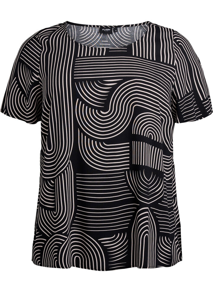 FLASH - Viscose blouse met korte mouwen en print, Zwart, Packshot image number 0