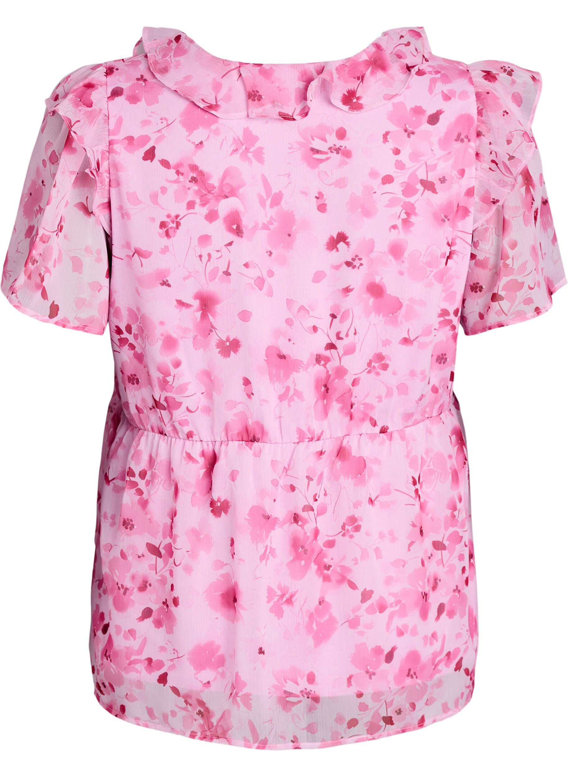ZizziBloemenblouse met rucheskraag en peplum effect, Roze, Packshot image number 1