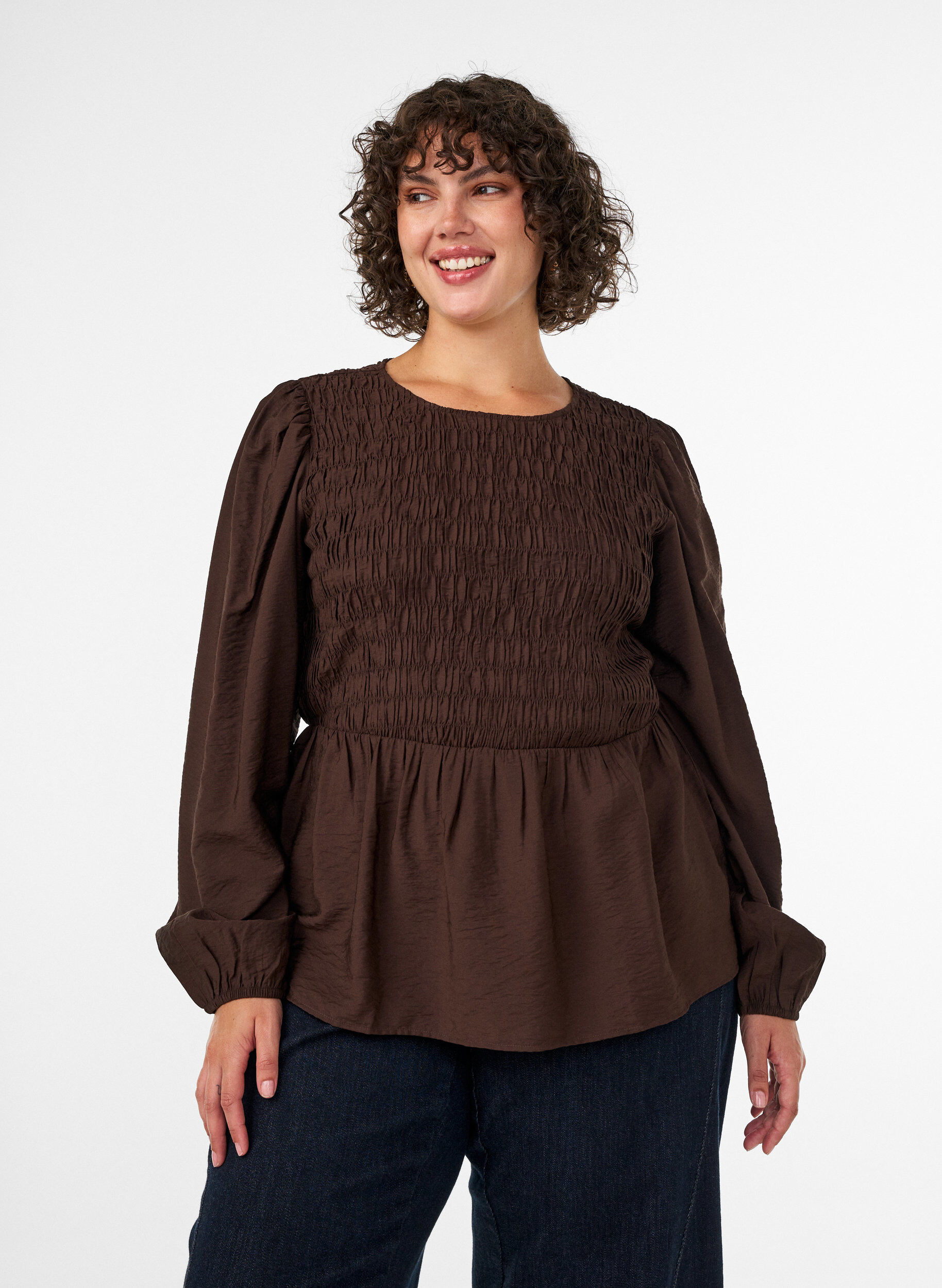 ZizziBlouse met smock en lange mouwen, Bruin, Model image number 0