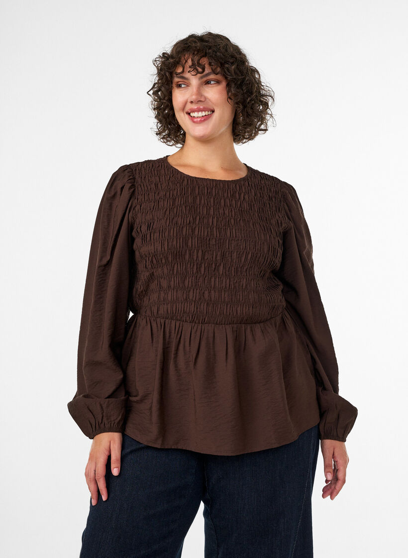 Blouse met smock en lange mouwen, Bruin, Model image number 0
