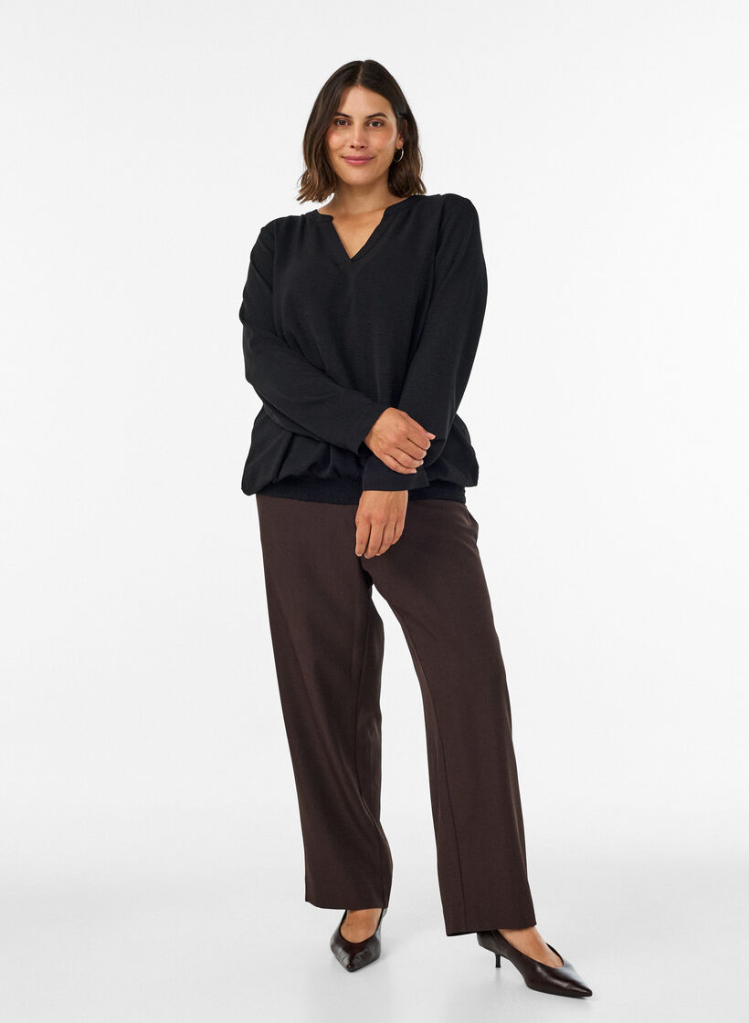 Blouse met ballonsilhouet en V-hals, Zwart, Model image number 1