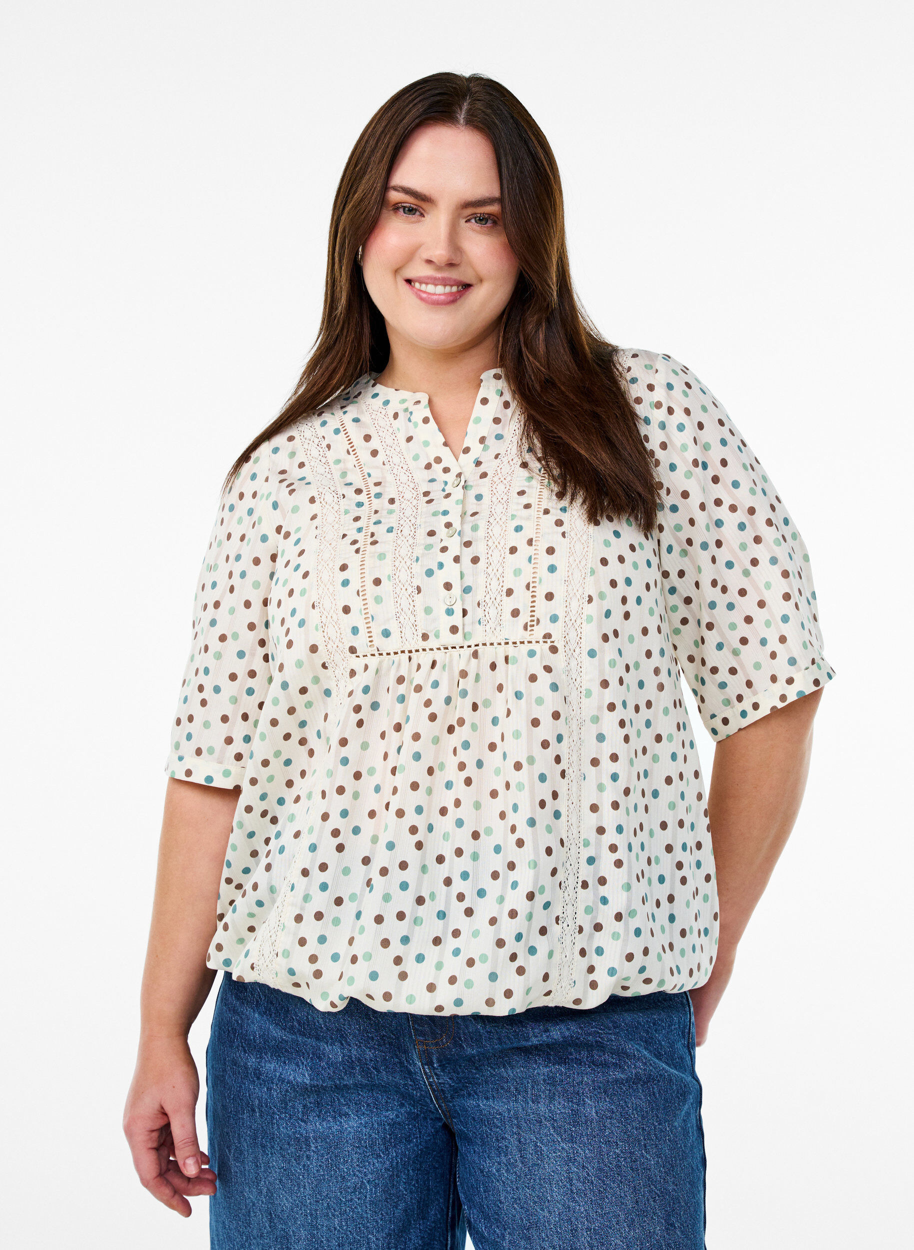 ZizziBlouse imprim&eacute;e &agrave; manches 1/2, Blanc, Model image number 0