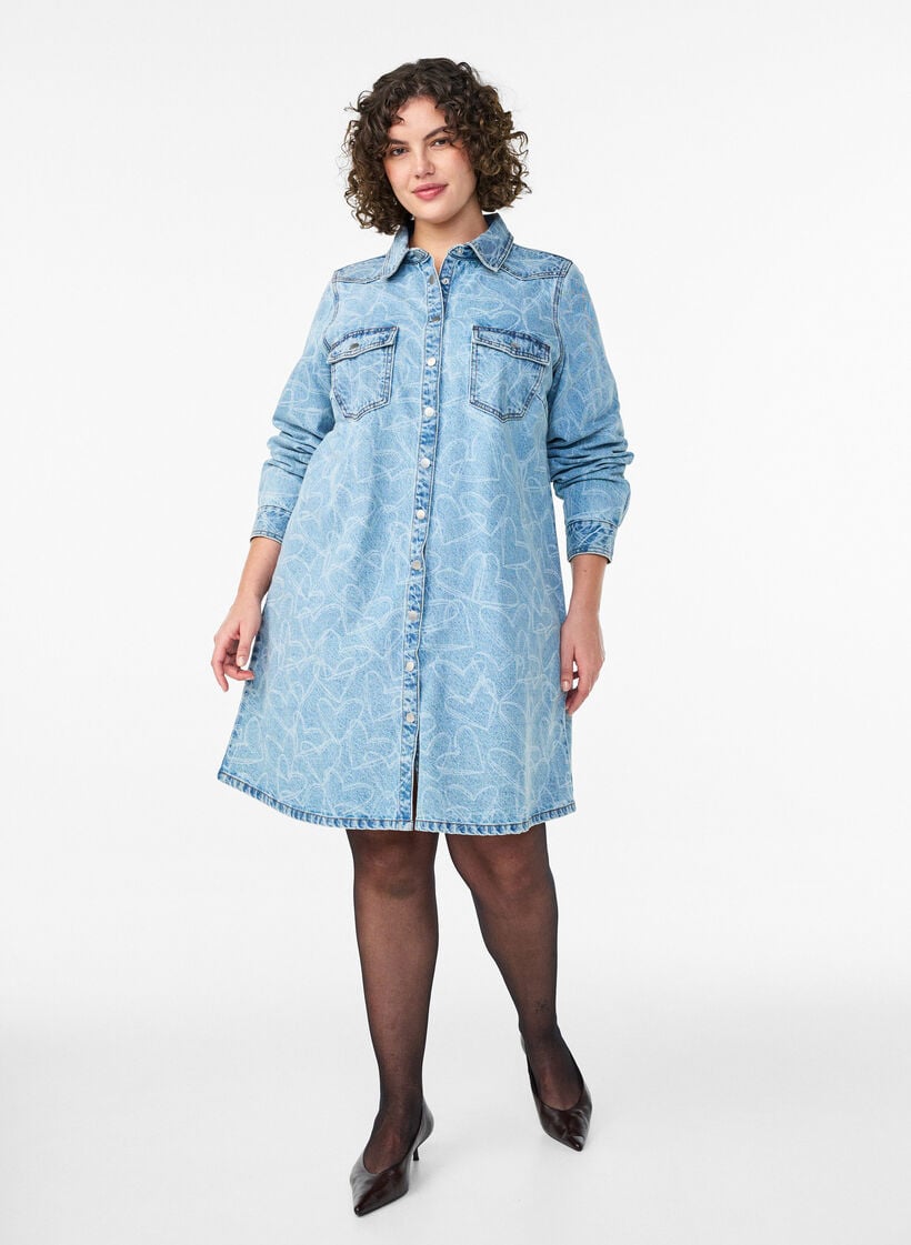 Robe en jean à motif cœurs, Bleu Clair, Model image number 1