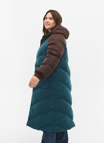 Lange kleurblokken winterjas met capuchon., Deep Teal Comb, Model image number 2
