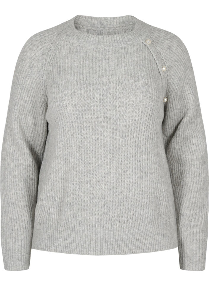 Gemêleerde pullover met parelknopen, Light Grey Melange, Packshot image number 0