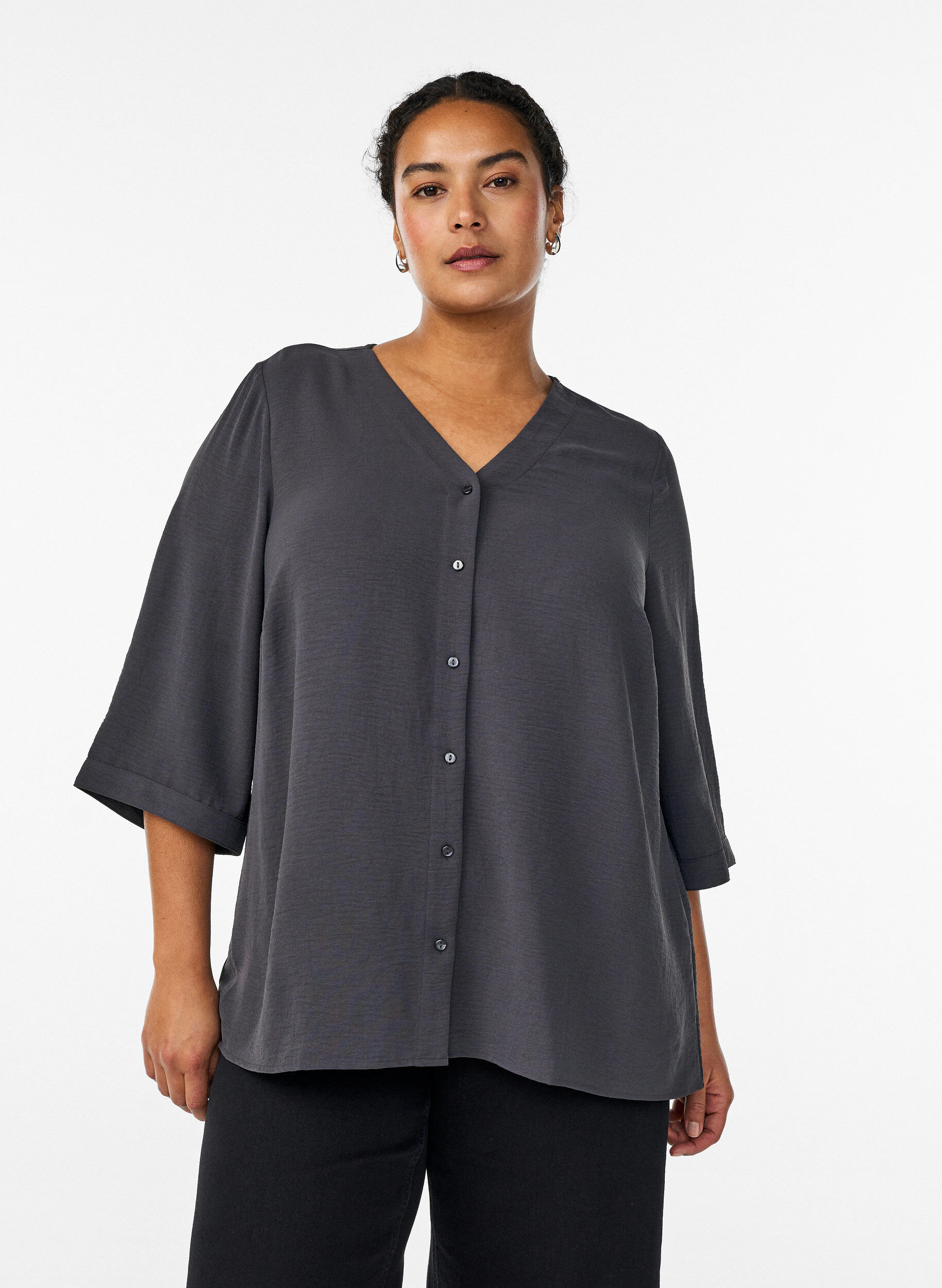 ZizziShirt blouse with V-neck and 3/4 sleeves, Dark Grey, Model image number 0